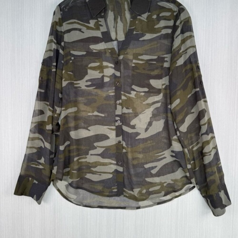 Sheer Shirt Green Roll Tab Sleeve Casual Top